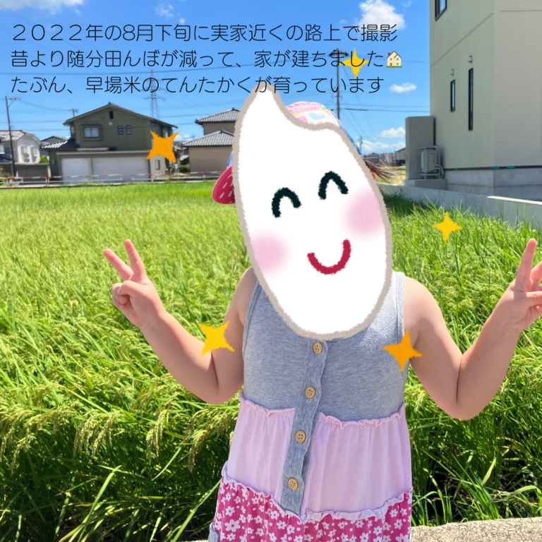 田んぼをバックにピースする女の子